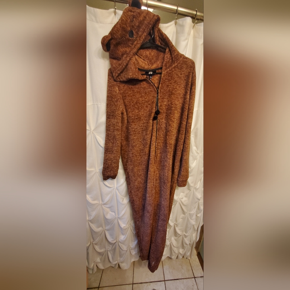 Hooded brown bear (adult) PJ onesie zip up